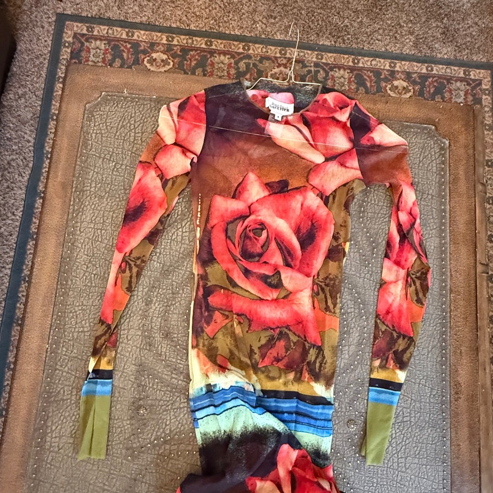 Jean Paul Gaultier Red Rose Mesh Maxi Dress Long Sleeve Italy Size S - Excellent - Picture 6 of 9